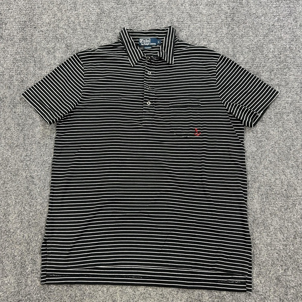 Vintage Polo Ralph Lauren Polo Shirt Mens L Black Striped Cotton Anchor Nautical